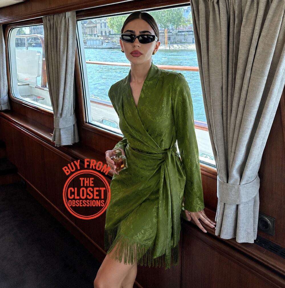 Zara Green Satin Jacquard Wrap Mini Dress NWT Long Sleeve Tie Waist Dress